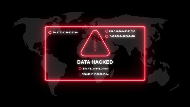 Cyber security alert warning featuring a glowing red neon data hacked notification box with digital numerical code streams over a dark global map background, for information technology protection