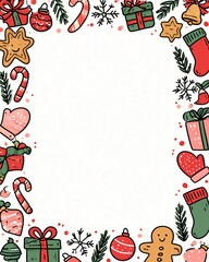 Fototapeta premium Cute Hand Drawn Christmas Frame with Gifts, Candy Canes, Gingerbread, Stockings and Snowflakes with Large Copy Space