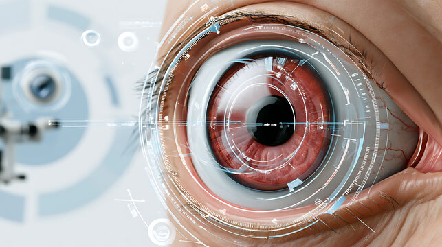 Close-up of human eye with digital retinal scan overlay for advanced medical diagnostics