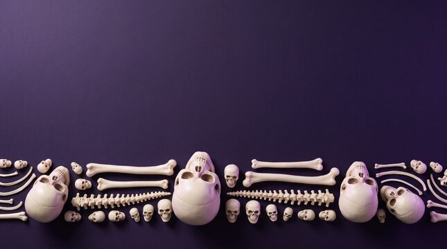 A carefully curated collection of animal bones and skulls is artfully arranged on a deep dark purple gradient backdrop
