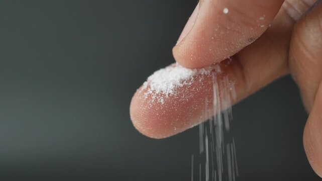 Close up of person hand sprinkling white sea salt from fingers on dark background in slow motion