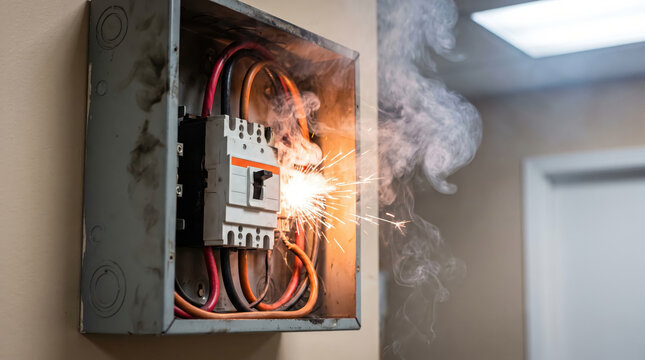 Electrical breaker box sparking and emitting thick smoke due to a short circuit fault inside a building.