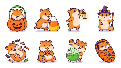 Fototapeta premium Halloween Hamster Mascot Character Set Vector Illustration, Candy Corn Lantern Cookie Potion Cute Flat Design Isolated