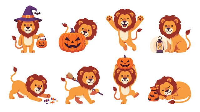 Halloween Lion Mascot Character Set Vector Illustration, Witch Hat Candy Bucket Pumpkin Lantern Cute Flat Design Isolated