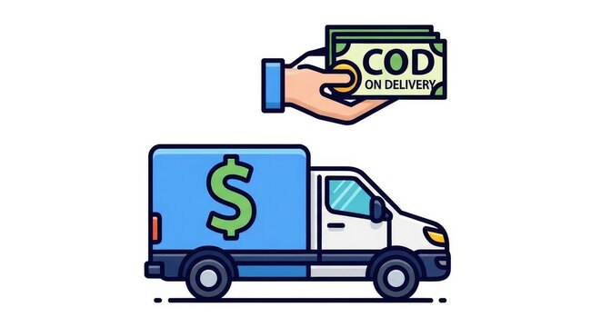 Illustration of a delivery truck and hand holding cash for cash on delivery payment shipping concept