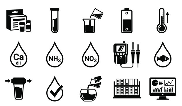 Water quality testing icons set, laboratory chemical analysis symbols, 15 black aquarium maintenance vector elements for science and research