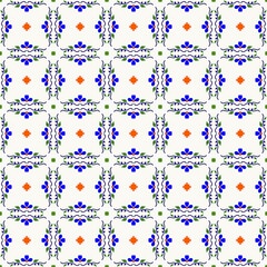 Elegant Seamless Traditional Floral Pattern with Blue and Orange Motifs on White Background © Fitri