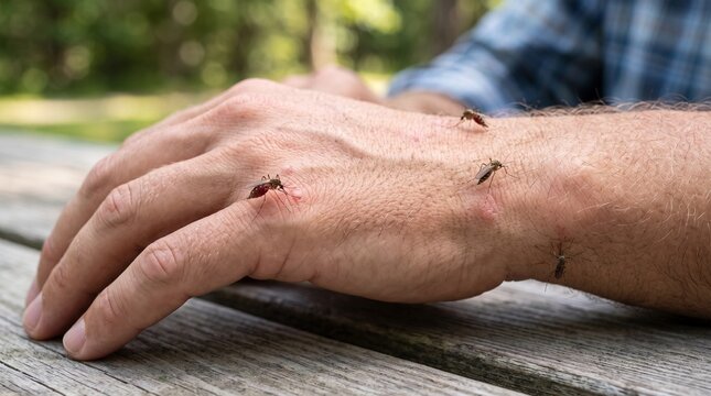 Macro Mosquitoes Biting Human Hand Outdoors Insect Bite Disease Transmission and Insect Repellent Concept Stock Photo