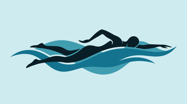Minimalist swimmer silhouette vector, professional athlete swimming in blue water waves, dynamic aquatic sports illustration for fitness branding and competition posters outline vector