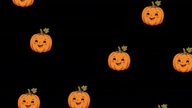 Seamless pattern with cute smiling orange pumpkins on a dark black background.