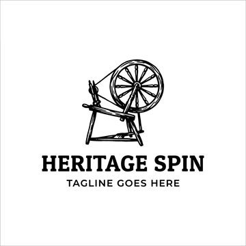 Traditional spinning wheel logo for heritage textiles.