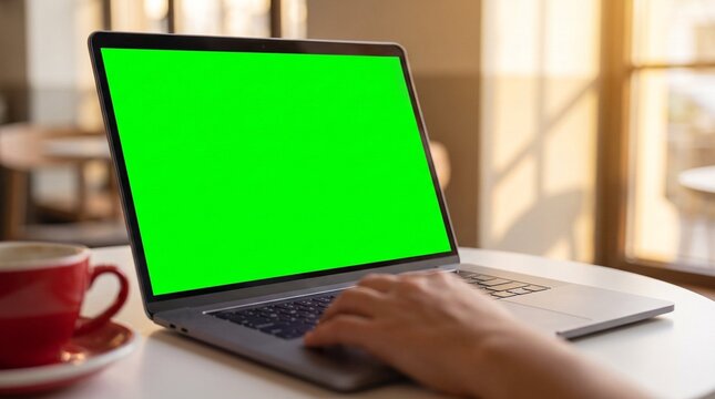 Modern silver laptop featuring a vibrant green chroma key screen sits on a table while a person types comfortably during a bright sunny afternoon session