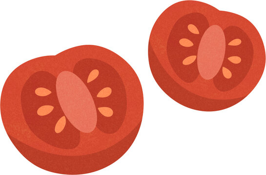 Whole and sliced fresh red tomatoes flat illustration