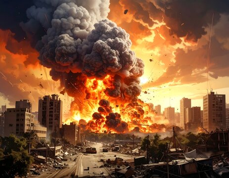Massive city explosion with towering smoke and fire consuming urban buildings. Perfect for disaster movies, crisis management concepts, and apocalyptic scenarios.