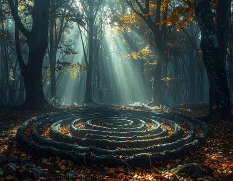 A mystical circular stone maze hidden in a deep, sunlit autumn forest with dramatic light rays shining through the canopy. Ideal for psychological problem-solving and mystery concepts.