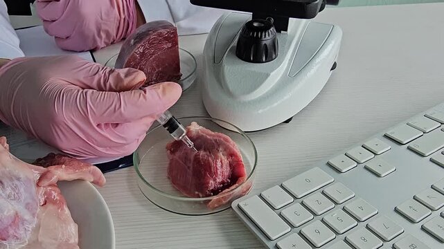 A chemist injects a substance into a sample of lab-grown vegan meat for microbiological analysis. The scientist is working on developing a food substitute in a biochemistry laboratory, researching gen