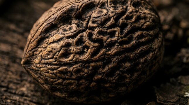 Close-up of a textured walnut shell with deep ridges in dark moody lighting