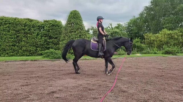 Riding a black horse in a training area with a rider and lush green surroundings