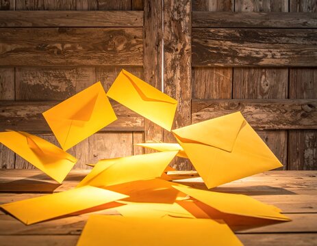 A bunch of bright yellow envelopes flying out from a crack in a rustic wooden wall. Perfect for communication, messaging, and postal service concepts.
