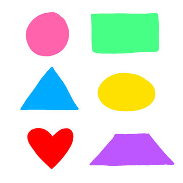 Basic geometric shapes and heart illustration, colorful hand drawn educational shapes set including circle rectangle triangle oval trapezoid on transparent background
