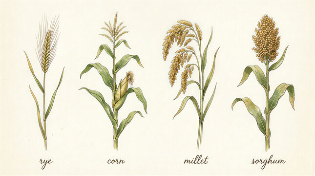 Botanical illustration of four staple grain plants: rye, corn, millet, and sorghum