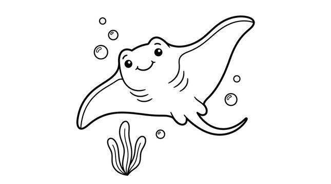 Cartoon manta ray swimming with sea plant