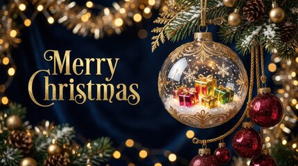 Obraz premium Elegant Merry Christmas greeting with festive ornaments and glowing lights