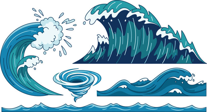 Ocean Wave Vector Icon Set Featuring Hand Drawn Blue Sea Splashes, Tidal Waves, Whirlpool, and Cresting Surf Illustrations for Marine and Nature Designs