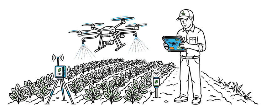Farmer using drone and tablet for smart agriculture