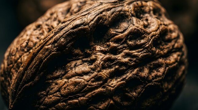 Macro shot of a textured brown walnut shell with intricate organic patterns