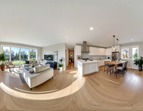 360-degree panoramic view of a modern open concept living room and kitchen interior. Ideal for real estate virtual tours and architectural visualization.