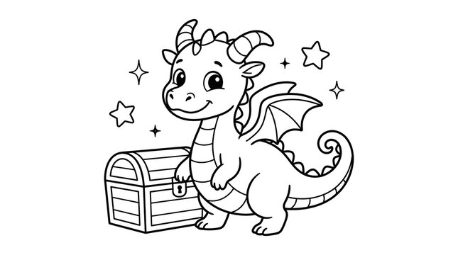 Cute cartoon dragon sitting with treasure chest