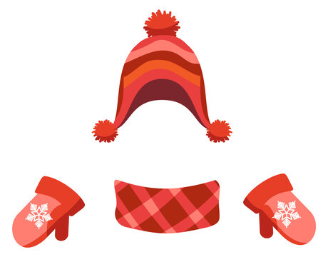 Winter hat and scarf with mittens. Kid clothes icon