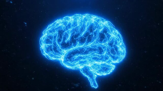 A glowing, stylized brain silhouette radiates against a deep blue, starry backdrop. It has intricate lines