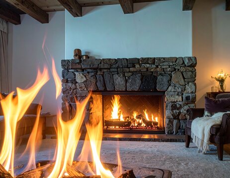 A large stone fireplace with blazing flames in a cozy living room interior. Perfect for winter holiday and interior design concepts.