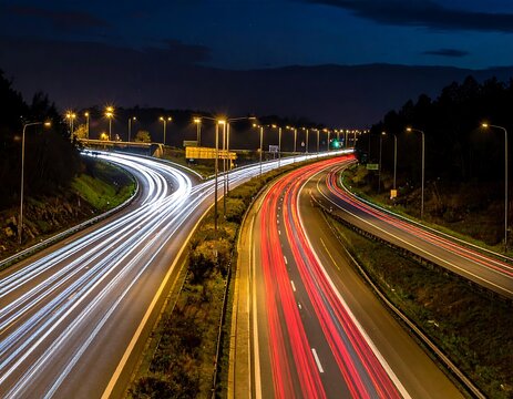 A long exposure photo of a highway junction at night with vibrant light trails from moving vehicles. Perfect for logistics, infrastructure, and modern transportation concepts.