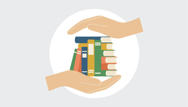 Two human hands gently protecting stack of books inside circle symbolizes care for education and knowledge sharing.