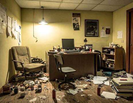 A very messy and cluttered old office with papers, books, and trash scattered across the floor. Perfect for illustrating stress, chaos, and workplace disorganization.