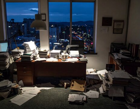 A cluttered corporate office filled with chaotic stacks of paper and documents late at night. Ideal for representing work overload and bureaucracy concepts.