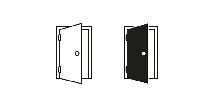 Open door icons set featuring outline and solid silhouettes for entrance exit interior design or architectural concepts.