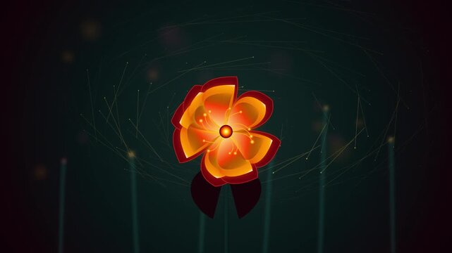A glowing bioluminescent fire-flower with breathing petals swirls in a dynamic vortex. Features golden filaments and amber spores drifting on a dark teal and crimson background. Perfect for cinematic 