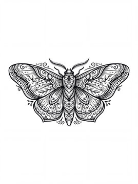 Ornate Linework Death Moth Black and White Illustration