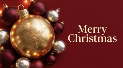 Obraz premium Elegant Merry Christmas greeting with festive ornaments and warm lights