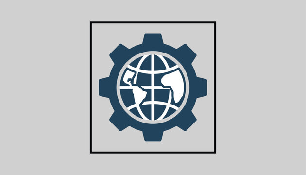 Blue industrial gear surrounding a globe map of the world inside a black frame representing global engineering.