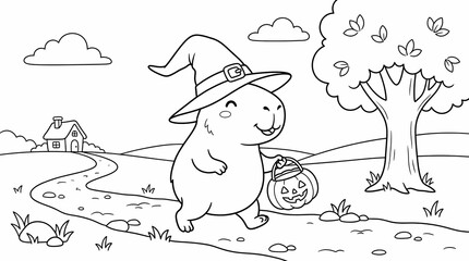 Fototapeta premium Cute capybara wearing a witch hat trick-or-treating on a path in a countryside landscape coloring page