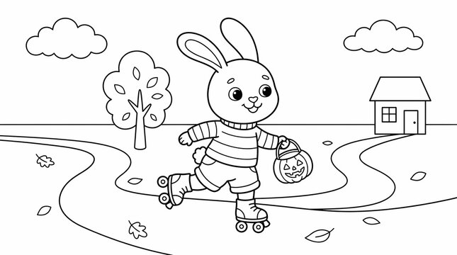 Cute cartoon rabbit roller skating while holding a Halloween pumpkin bucket on a path for coloring book.