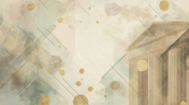 vintage watercolor fintech background, subtle antique banking architecture, ledger grids, delicate digital payment symbols, thin geometric data lines