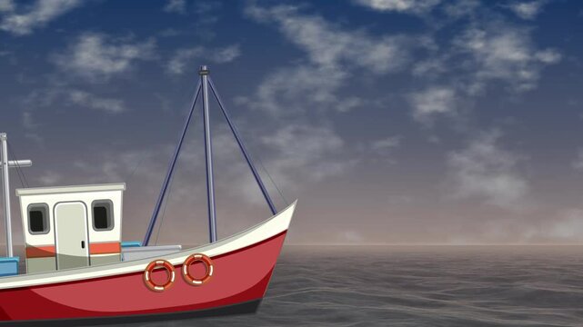 Animated Cartoon Fishing Boat Floating on Ocean Water