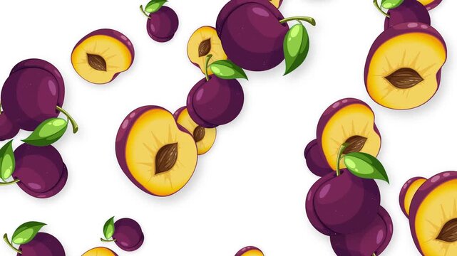 Animated Falling Whole and Sliced Plums on White Background