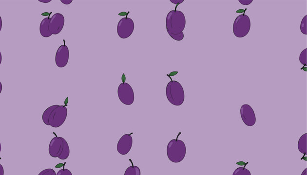 Lovely seamless pattern with ripe purple plums and tiny green leaves scattered on a soft lavender purple background.